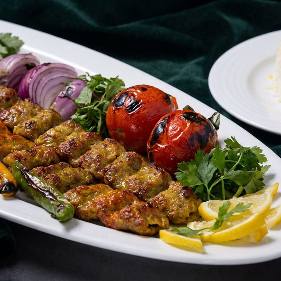 Grilled kebab pieces with charred tomatoes, peppers, herbs, red onion, and lemon alongside saffron-topped rice.
