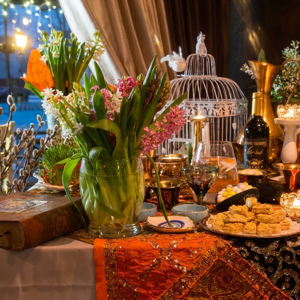 Festive restaurant table displays spring flowers, pastries, apples, candles, vintage decor, and a birdcage beside a window.