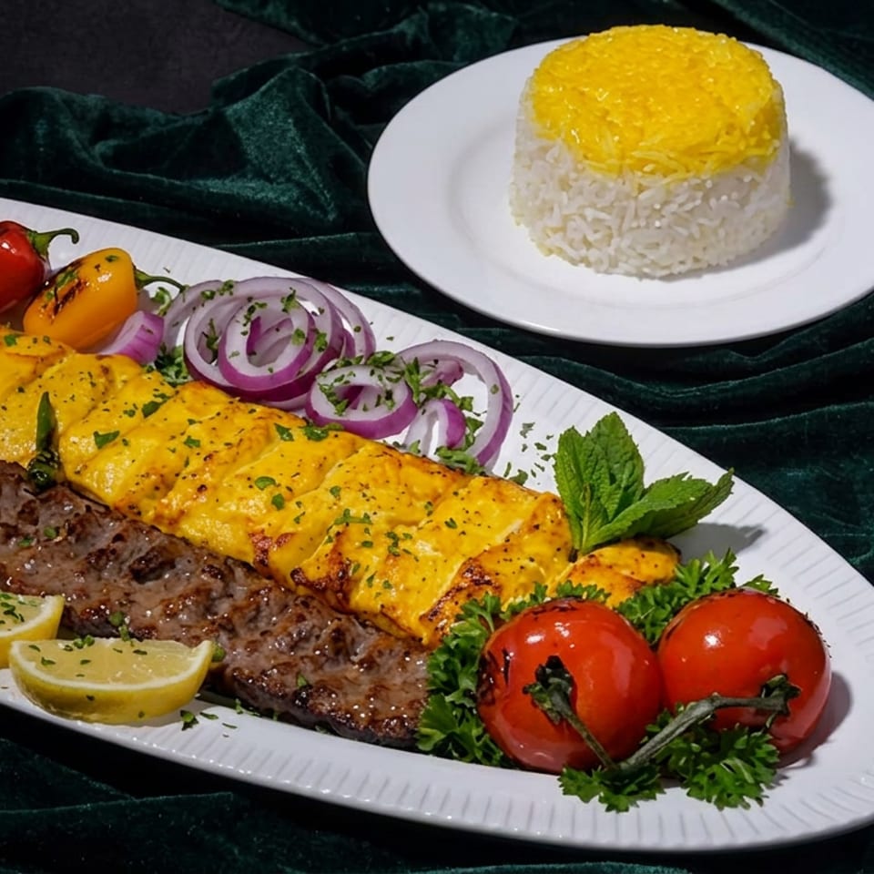 Grilled beef and saffron chicken skewers served with lemon wedges, tomatoes, onions, herbs, and molded saffron rice.