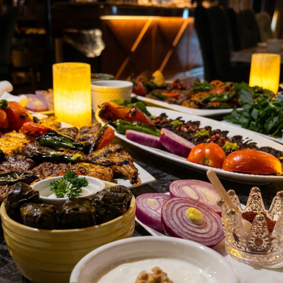 Candlelit restaurant table displaying grilled meats, roasted vegetables, sliced onions, dips, and fresh greens on serving platters.