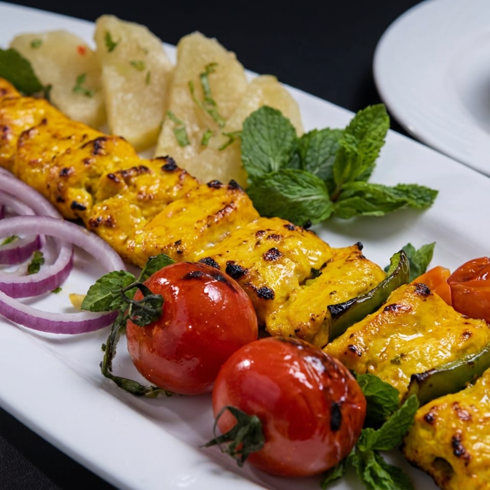 Grilled saffron-marinated chicken with tomatoes, peppers, red onion, herbs, and crisp papad served on a white platter.