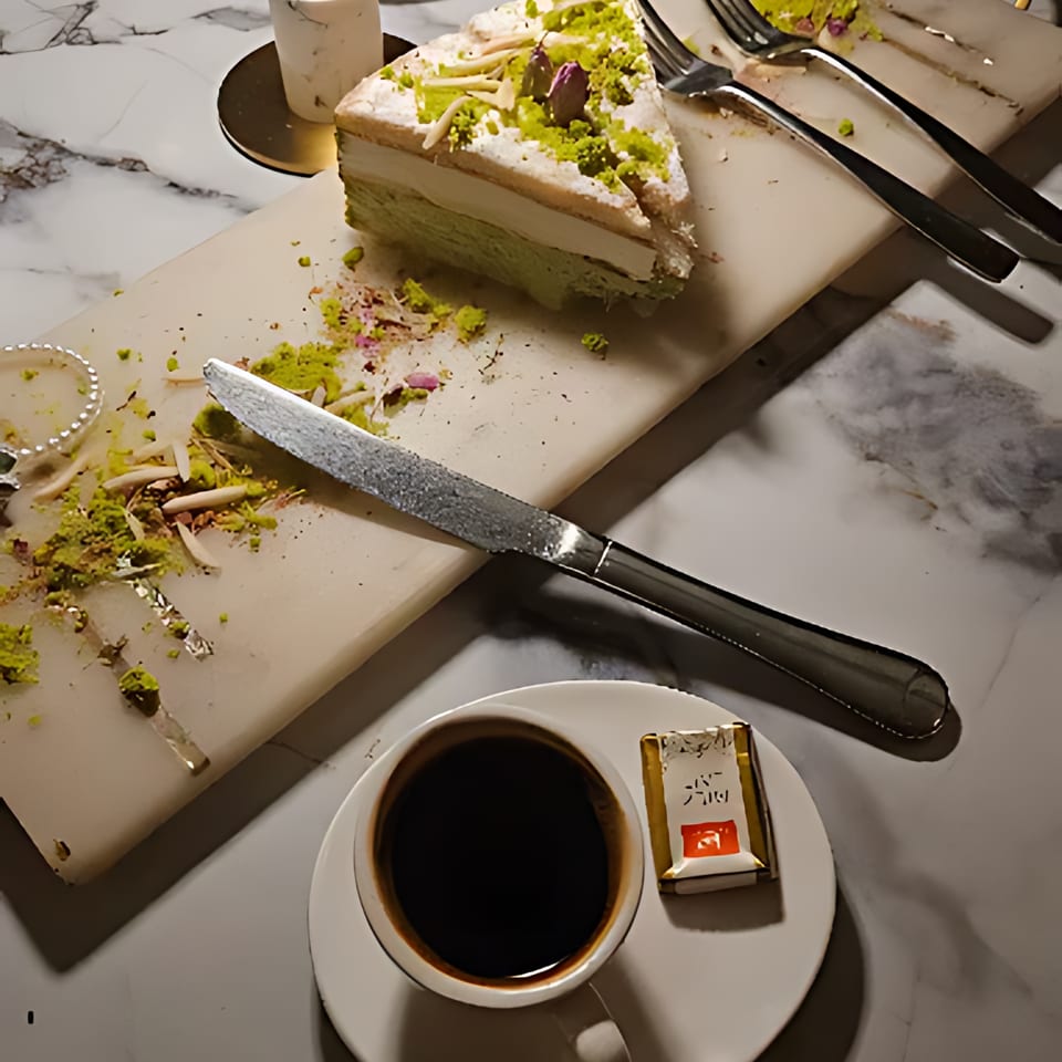 Pistachio-topped layered cake sits beside a cup of coffee, knife, forks, and crumbs on a marble restaurant table.