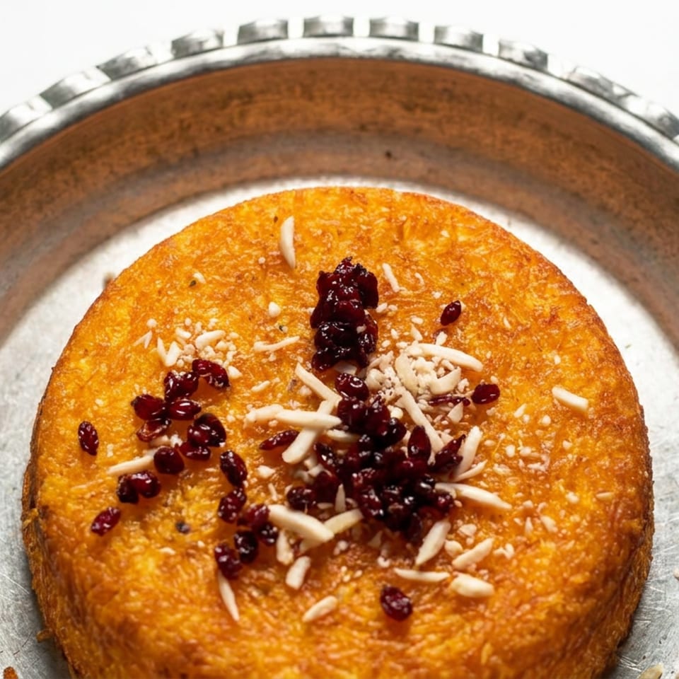 Golden round dessert topped with slivered almonds and dried cranberries, served on a decorative metal platter.