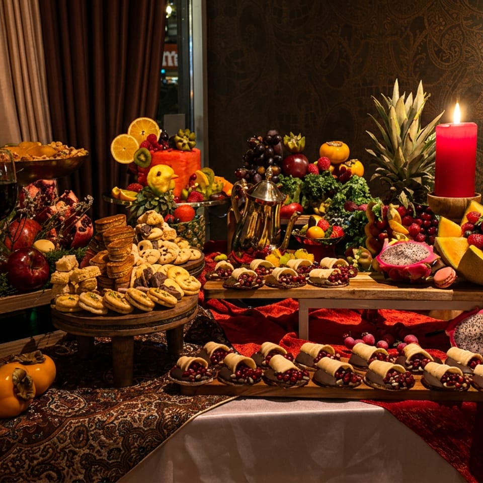 Lavish dessert and fruit buffet displays pastries, cookies, fruit arrangements, wine, candles, and tropical fruit in an ornate restaurant setting.